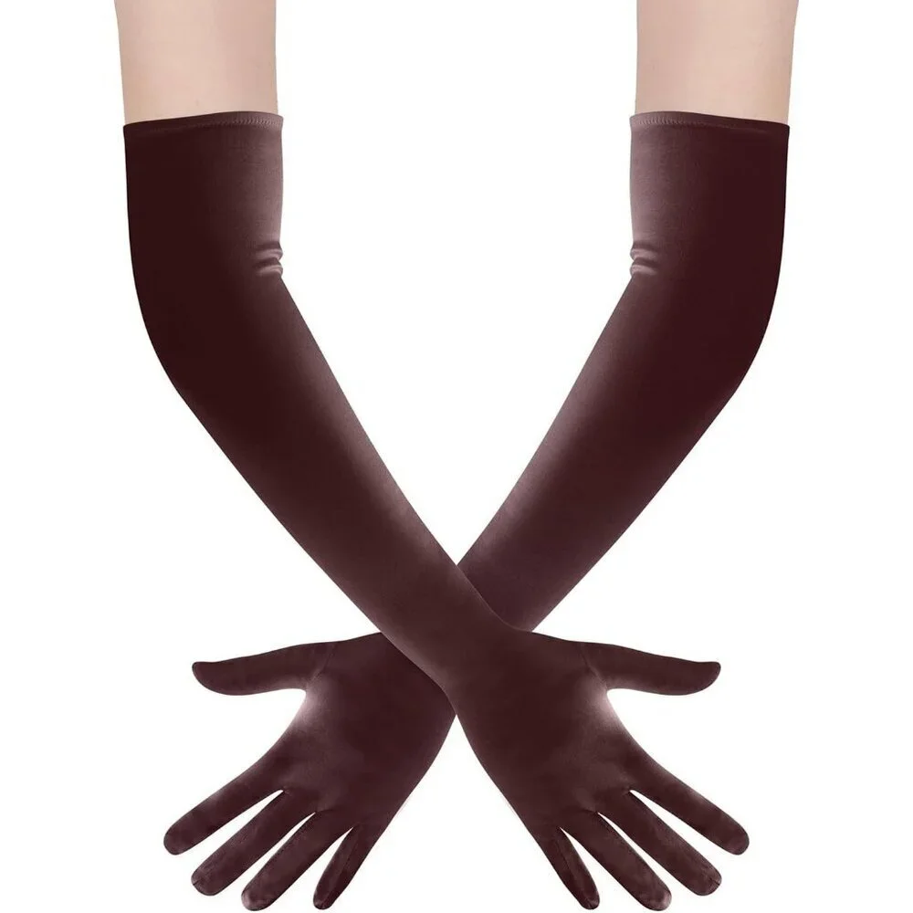 Women's Brown Long Satin Opera Fabric Gloves Party Tea Stretchy Elbow Length